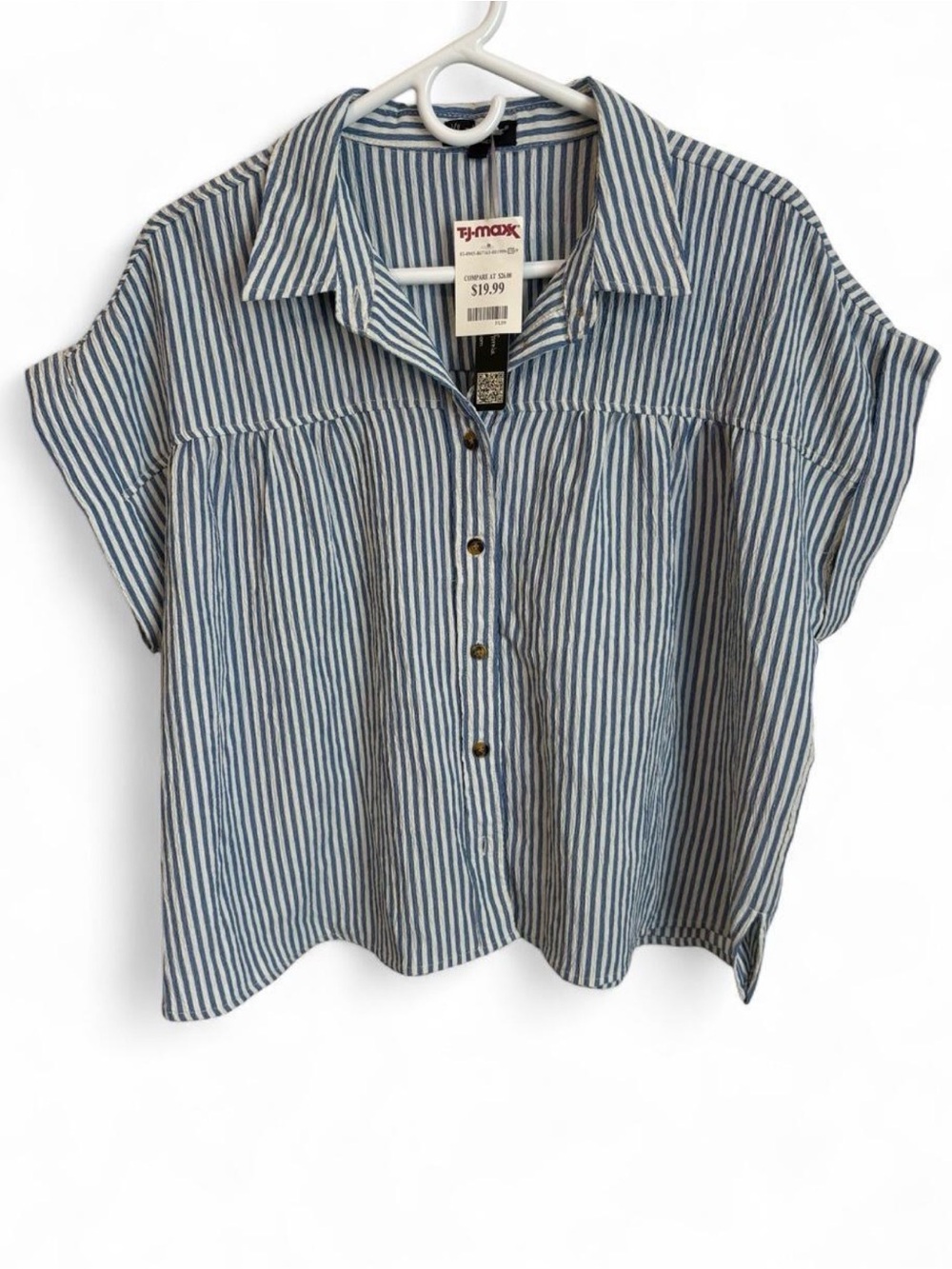 Velvet Heart Blue & White Striped Button Down Short Sleeve Blouse Size L